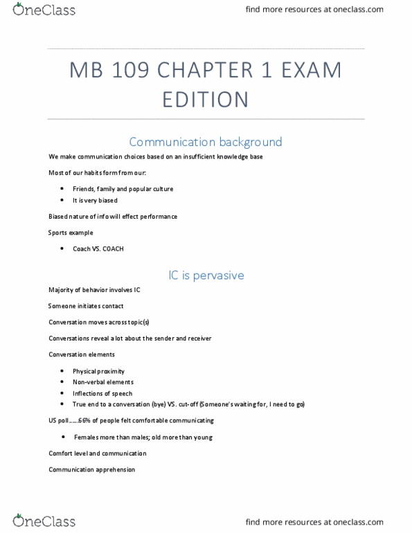 MB109 Chapter Notes - Chapter 1: Disinhibition, Communication Apprehension, Interpersonal Communication thumbnail