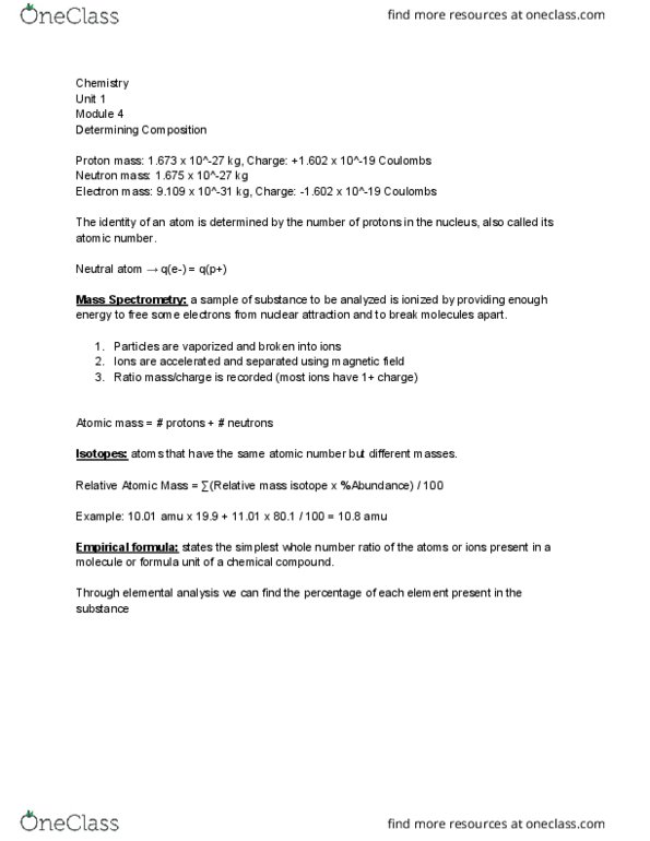 CHEM 151 Lecture Notes - Lecture 4: Empirical Formula, Unified Atomic Mass Unit, Formula Unit thumbnail