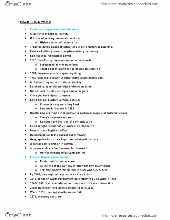 POL215Y1 Lecture Notes - Lecture 4: Dynastic Cycle, Roh Tae-Woo, Park Chung-Hee thumbnail