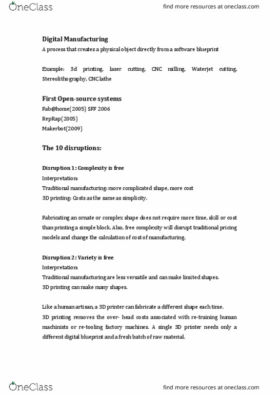 MECE E1001X Lecture Notes - Lecture 2: Injection Molding Machine, Metal Lathe, 3D Printing thumbnail