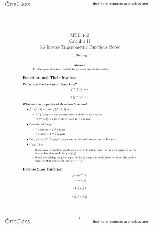 MTH 162 Lecture Notes - Lecture 6: Inverse Trigonometric Functions, Trigonometric Functions, Inverse Function thumbnail
