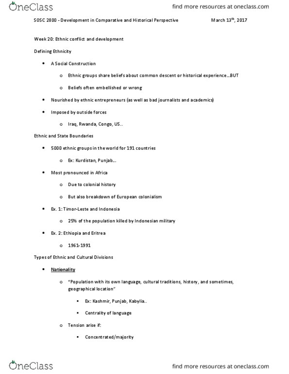 SOSC 2800 Lecture Notes - Lecture 20: Modernization Theory, Consociationalism, Ethnic Conflict thumbnail