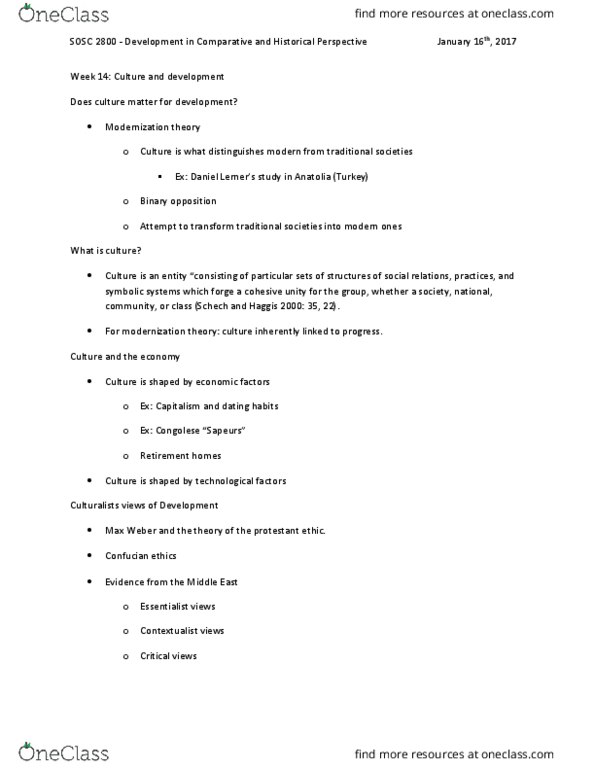 SOSC 2800 Lecture Notes - Lecture 14: Protestant Work Ethic, Binary Opposition, Modernization Theory thumbnail