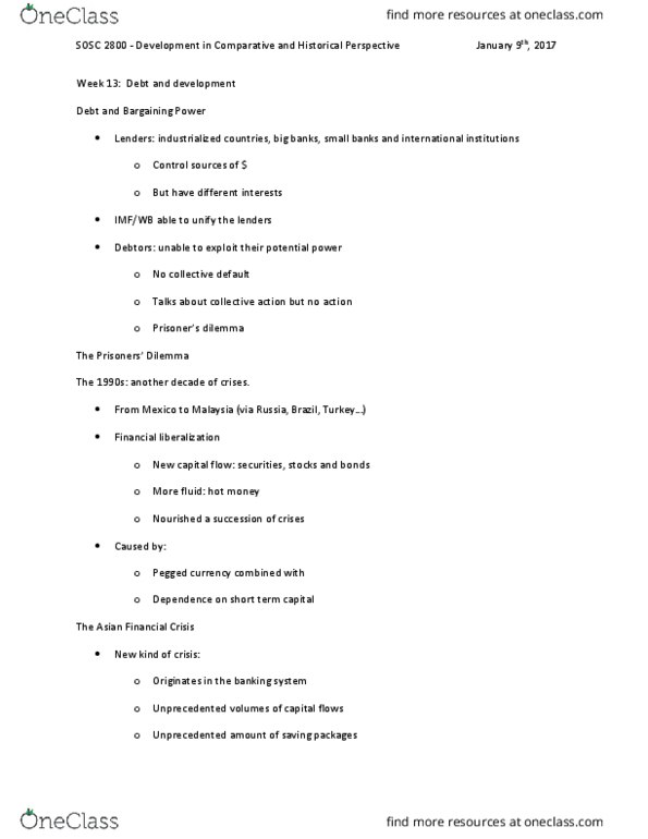 SOSC 2800 Lecture Notes - Lecture 13: Heavily Indebted Poor Countries, Crisis Management, Conditionality thumbnail