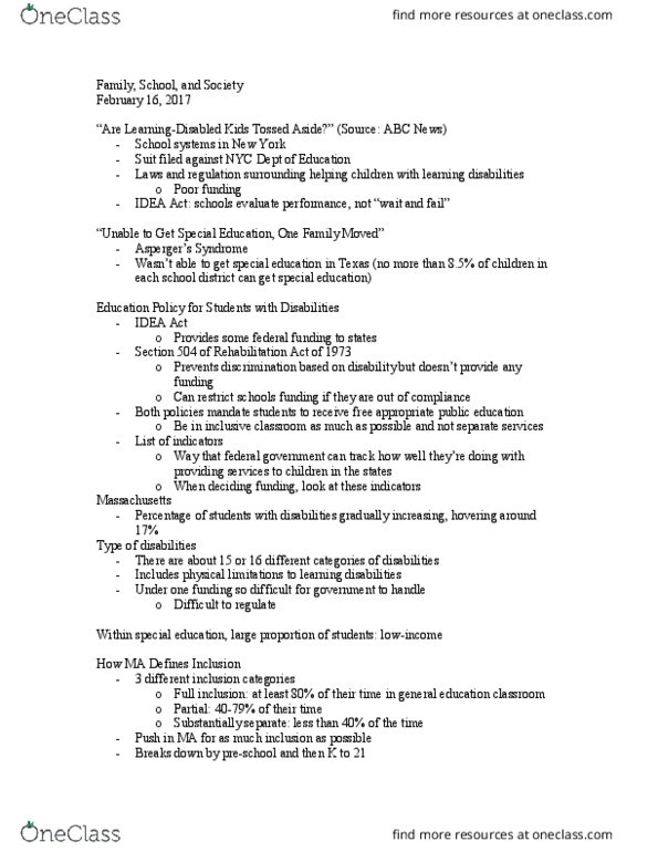 APSY1031 Lecture Notes - Lecture 3: Rehabilitation Act Of 1973, Down Syndrome, Asperger Syndrome thumbnail