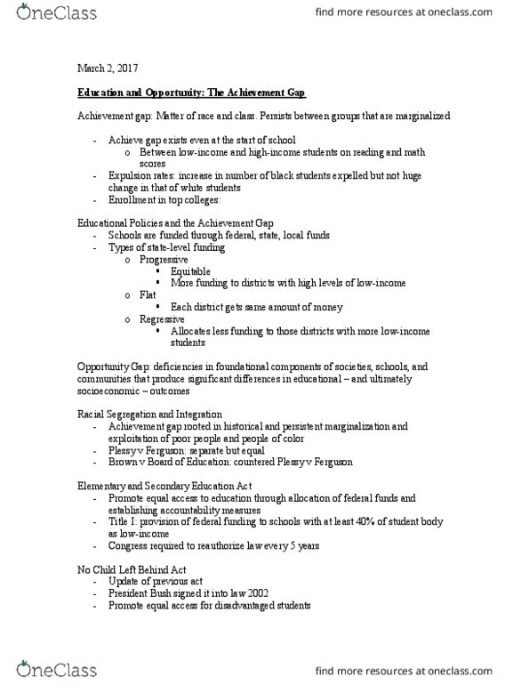 APSY1031 Lecture Notes - Lecture 4: Achievement Gap In The United States, Elementary And Secondary Education Act, No Child Left Behind Act thumbnail