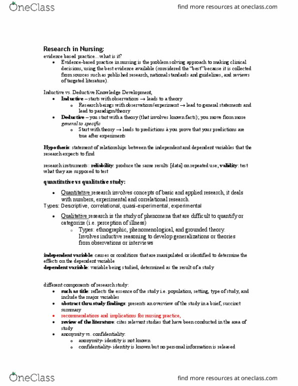 NURS1010 Lecture Notes - Lecture 4: Institutional Review Board, Null Hypothesis, Inductive Reasoning thumbnail