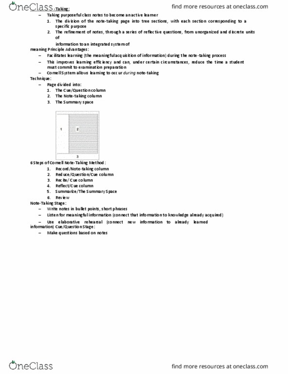 ARTS 1110 Lecture Notes - Lecture 3: Sq3R, Note-Taking, Rote Learning thumbnail