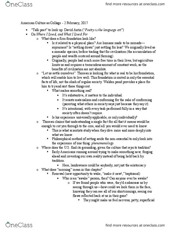 ENGL 40761 Lecture Notes - Lecture 5: Walden Pond, David Antin, Henry David Thoreau thumbnail