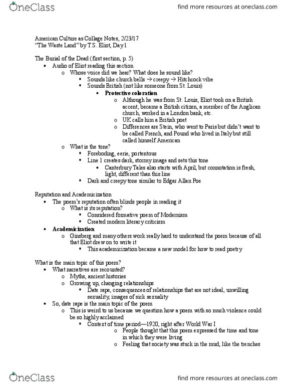 ENGL 40761 Lecture Notes - Lecture 11: The Waste Land, Date Rape, Free Verse thumbnail