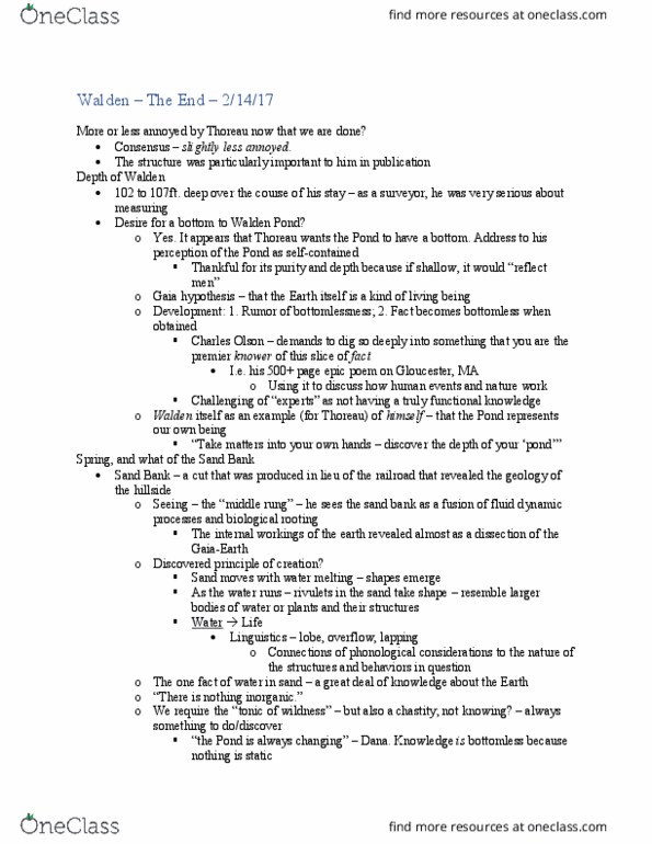 ENGL 40761 Lecture Notes - Lecture 8: Walden Pond, Gaia Hypothesis, Henry David Thoreau thumbnail