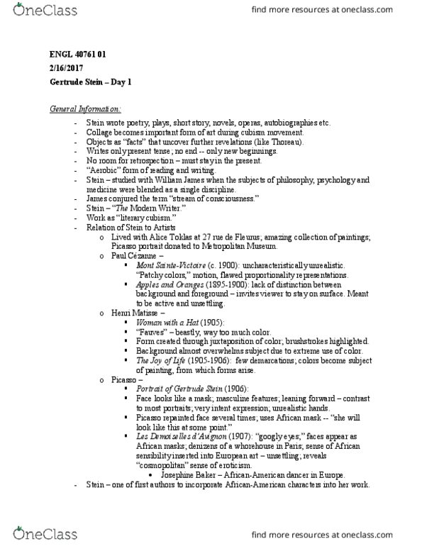 ENGL 40761 Lecture Notes - Lecture 9: 27 Rue De Fleurus, Alice B. Toklas, Henri Matisse thumbnail