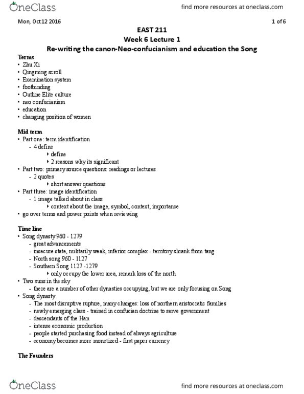 EAST 211 Lecture Notes - Lecture 10: Zhu Xi, Filial Piety, Foot Binding thumbnail