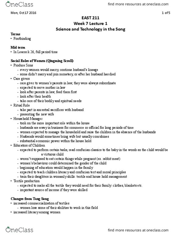 EAST 211 Lecture Notes - Lecture 11: Ming Dynasty, Northern And Southern Dynasties, House Husbands thumbnail