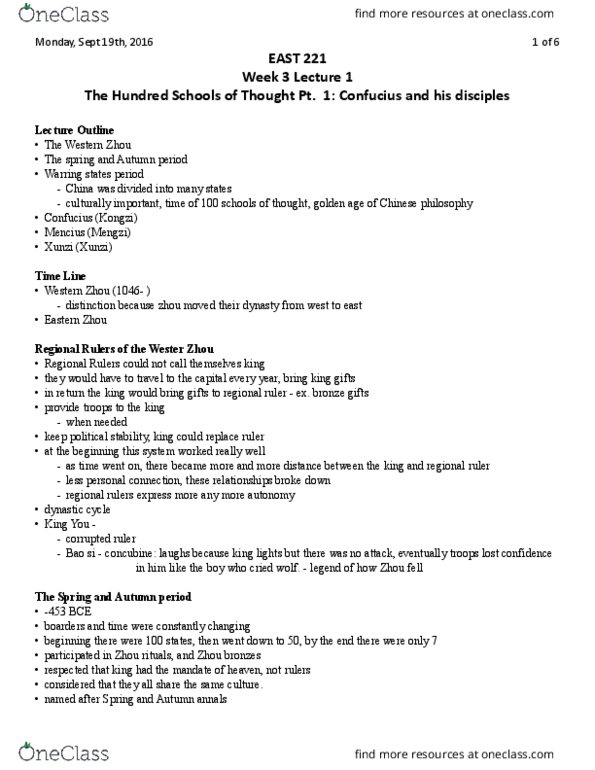 EAST 211 Lecture Notes - Lecture 4: Zhou Dynasty, Qi Wei, Bao Si thumbnail