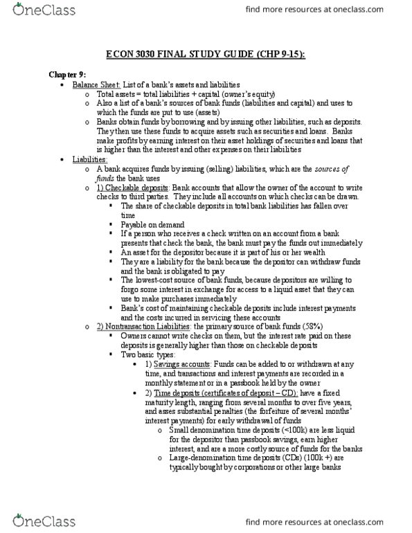 ECON 3030 Chapter Notes - Chapter 9-15: Federal Home Loan Banks, Federal Funds Rate, Secured Loan thumbnail
