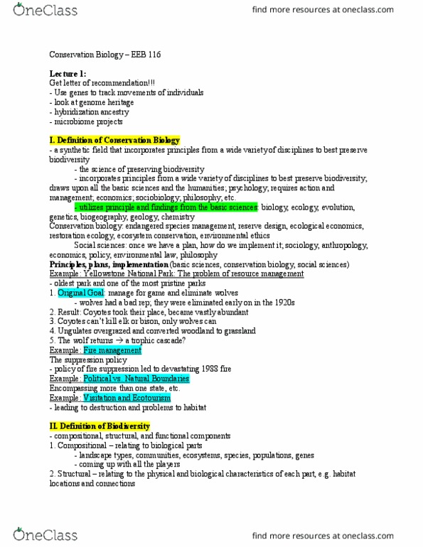 EE BIOL 116 Lecture Notes - Lecture 1: Trophic Cascade, Conservation Biology, Habitat Ii thumbnail