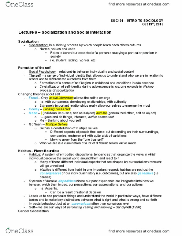 SOC101Y1 Lecture Notes - Lecture 6: Pierre Bourdieu, Erving Goffman, Crystallization thumbnail