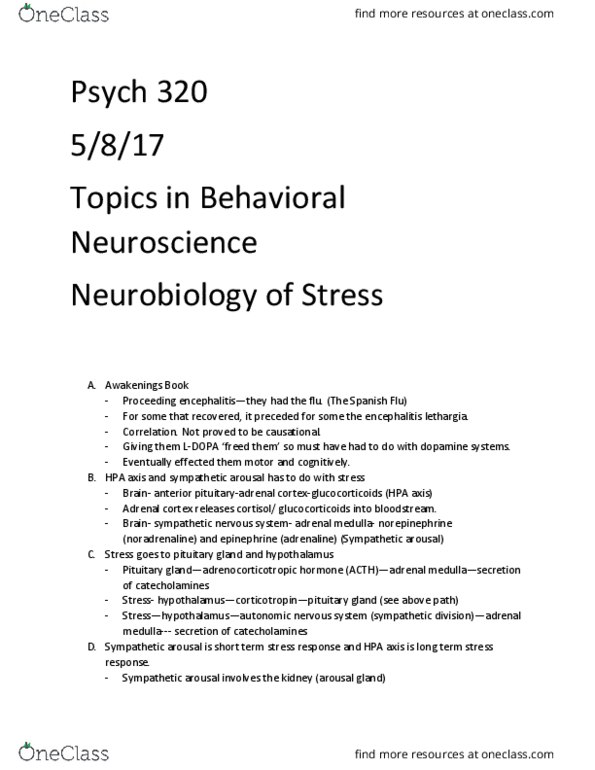 PSY 320 Lecture Notes - Lecture 15: Adrenal Medulla, Locus Coeruleus, Sympathetic Nervous System thumbnail