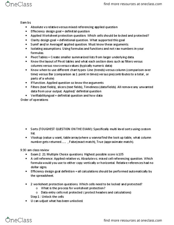 ACIS 1504 Study Guide - Spring 2017, Midterm - Pivot Table, Pie Chart ...