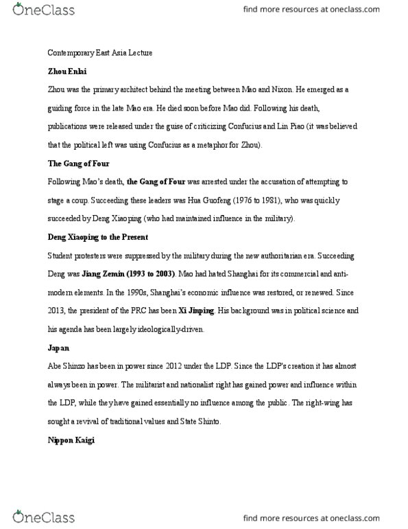 HIST 80b Lecture Notes - Lecture 21: Deng Xiaoping, Jiang Zemin, Hua Guofeng thumbnail