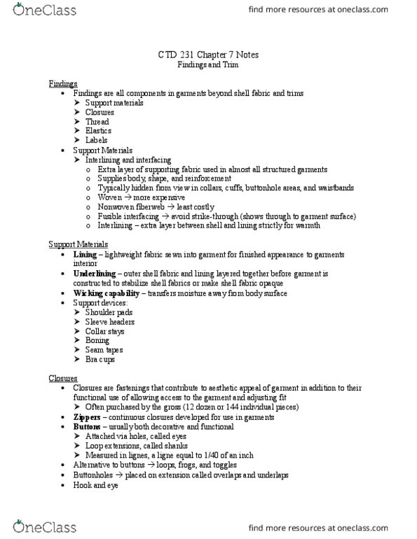 CTD 231 Lecture Notes - Lecture 7: Nonwoven Fabric, Interlining, Shoulder Pads thumbnail