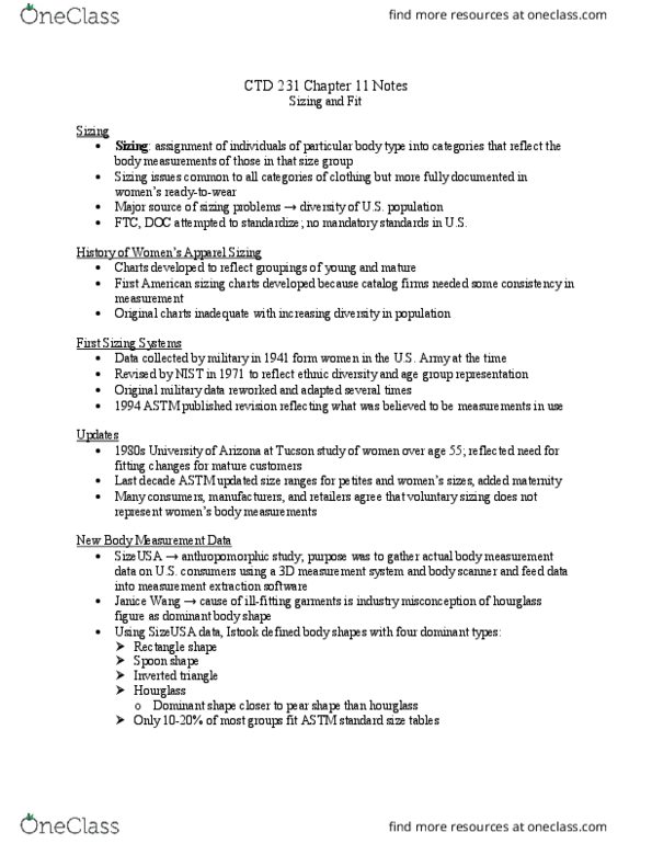 CTD 231 Lecture Notes - Lecture 11: Vanity Sizing, Astm International, National Institute Of Standards And Technology thumbnail