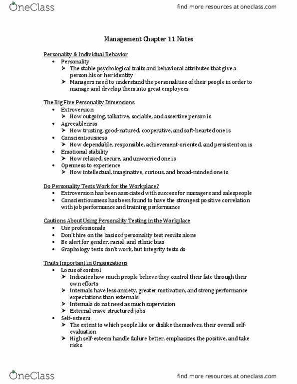 MGT 300 Lecture Notes - Lecture 11: Graphology, Extraversion And Introversion, Conscientiousness thumbnail