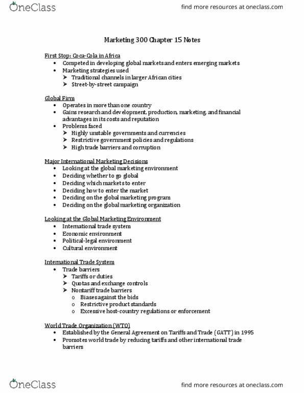 MKT 300 Lecture Notes - Lecture 15: North American Free Trade Agreement, Dominican Republic–Central America Free Trade Agreement, World Trade Organization thumbnail