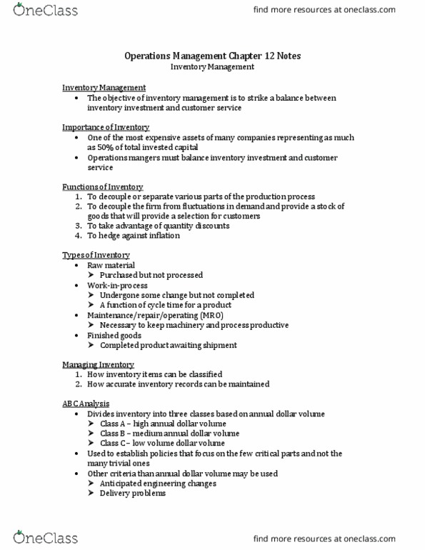 OM 300 Lecture Notes - Lecture 12: Economic Order Quantity, Carrying Cost, Lead Time thumbnail