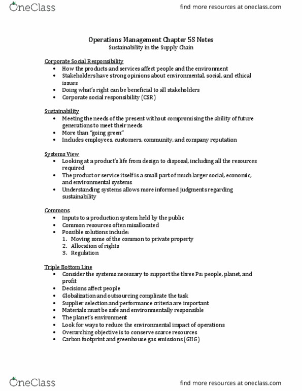 OM 300 Lecture Notes - Lecture 5: Corporate Social Responsibility, Life-Cycle Assessment, Triple Bottom Line thumbnail