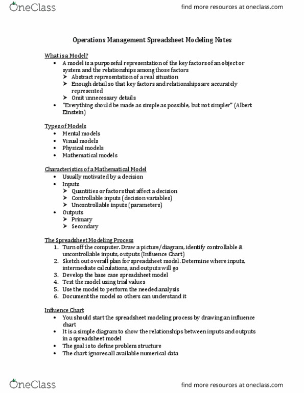 OM 300 Lecture Notes - Lecture 1: Spreadsheet, Operations Management, Fixed Cost thumbnail