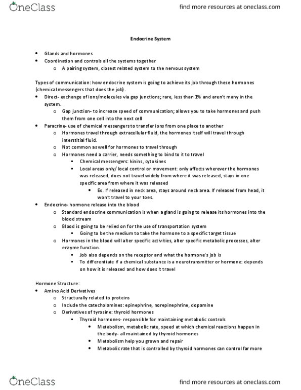 KIN 272 Lecture Notes - Lecture 2: Thyroid, Endocrine System, Second Messenger System thumbnail