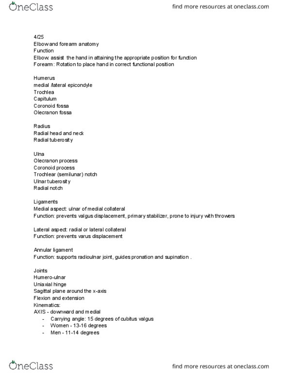 ENS 303 Lecture Notes - Lecture 24: Cubitus Valgus, Olecranon Fossa, Biceps thumbnail