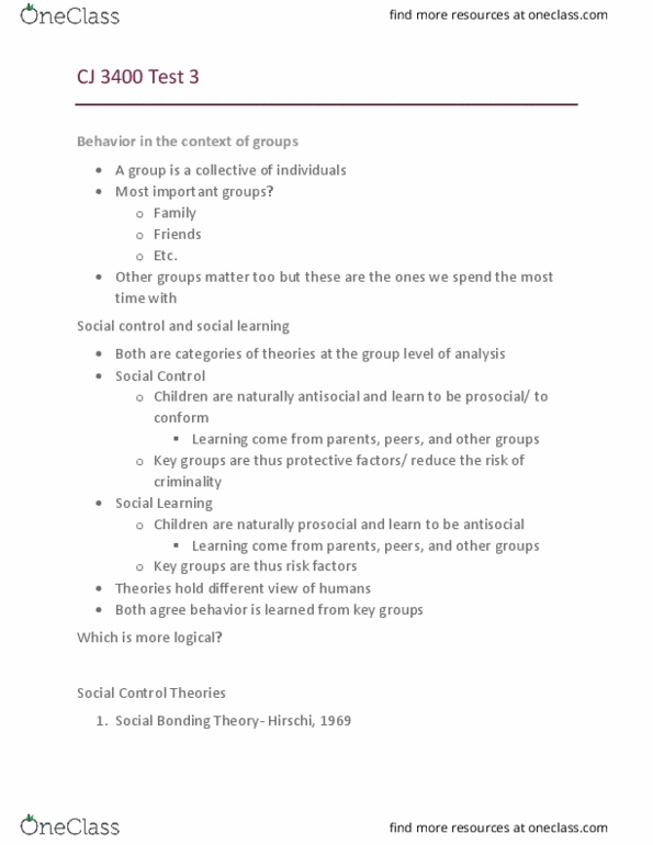 CJ 3400 Lecture Notes - Lecture 17: Social Control, Impulsivity, Risk-Seeking thumbnail