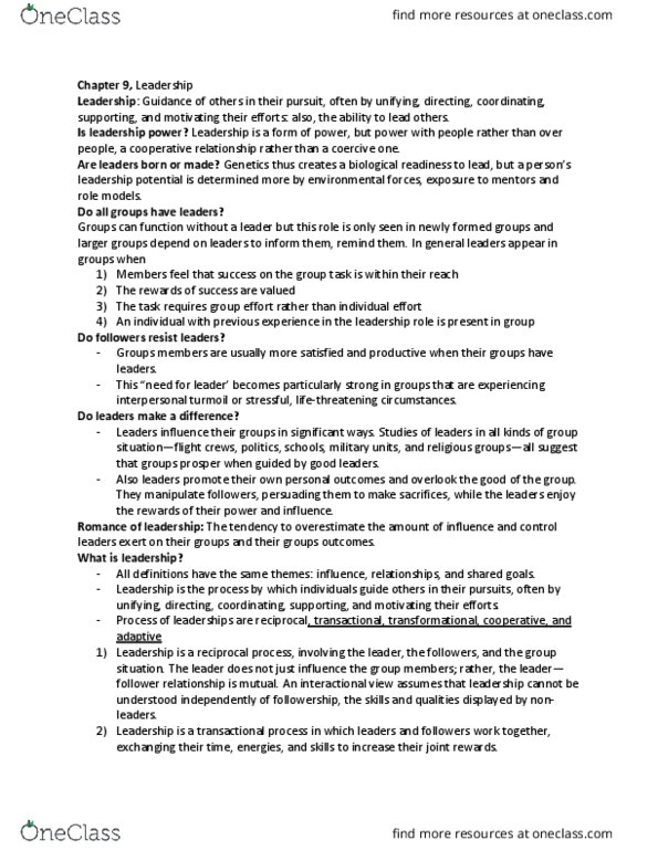 PSYC 3430 Chapter Notes - Chapter 9: Leadership, Transformational Leadership, Terror Management Theory thumbnail