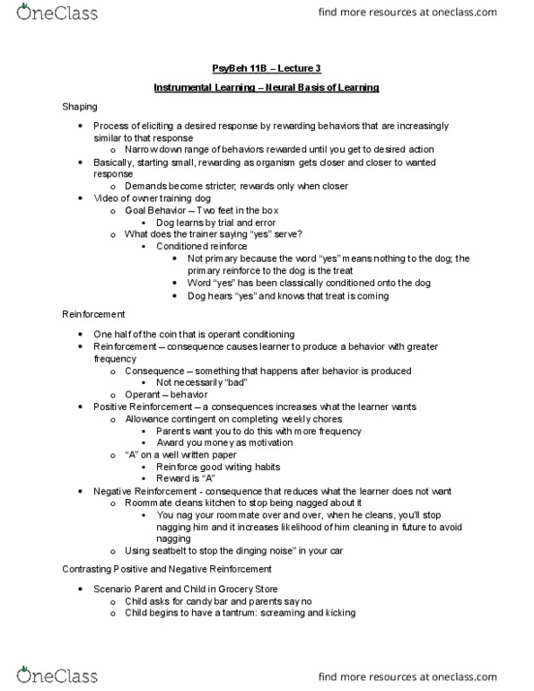 PSY BEH 11B Lecture Notes - Lecture 3: Tantrum, Operant Conditioning, Nmda Receptor thumbnail