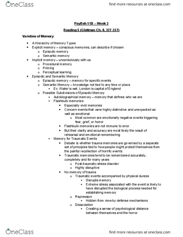 PSY BEH 11B Chapter Notes - Chapter 8: Posttraumatic Stress Disorder, Autobiographical Memory, Semantic Memory thumbnail