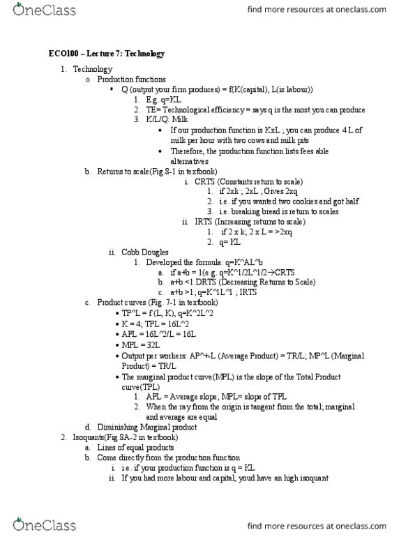 ECO100Y5 Lecture Notes - Lecture 7: Isoquant, Marginal Product, Production Function thumbnail