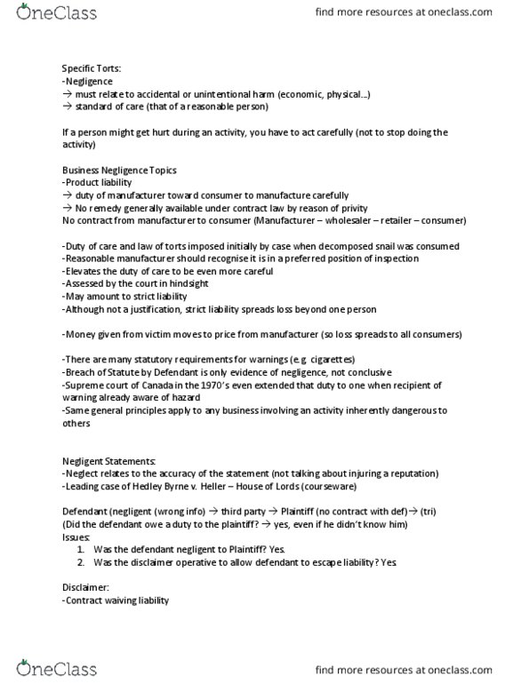 COMMERCE 4SD3 Lecture Notes - Lecture 3: Contributory Negligence, Heller House, Product Liability thumbnail