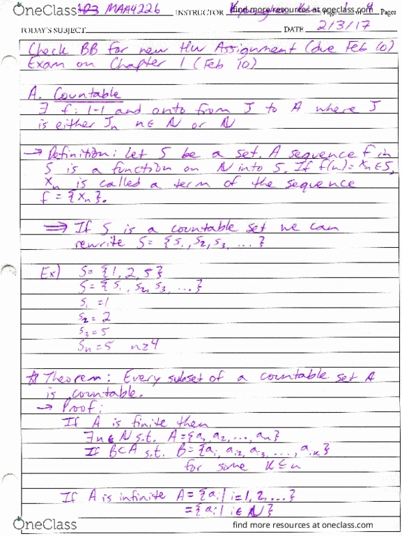 MAA-4226 Lecture Notes - Lecture 11: Countable Set, Subsequence thumbnail