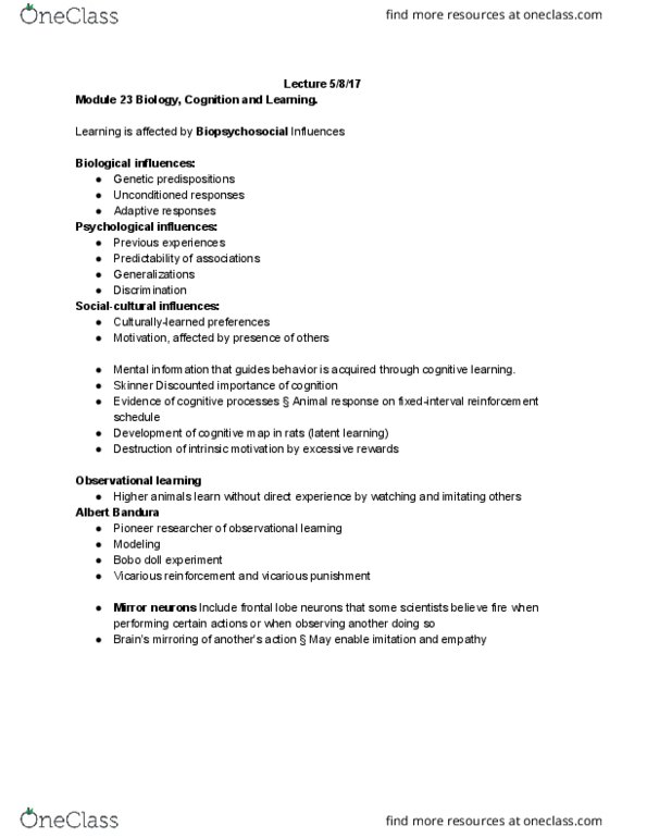 PSYCH 10 Lecture Notes - Lecture 8: Motivation, Cognitive Map, Albert Bandura thumbnail