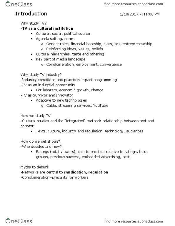 SPCM 341 Lecture Notes - Lecture 1: Techtv, Nielsen Ratings, Ota Broadcasting thumbnail