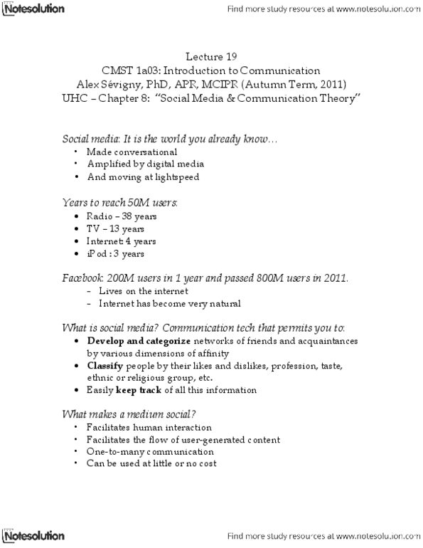 CMST 1A03 Lecture Notes - Cultivation Theory, Social News Website, Microblogging thumbnail