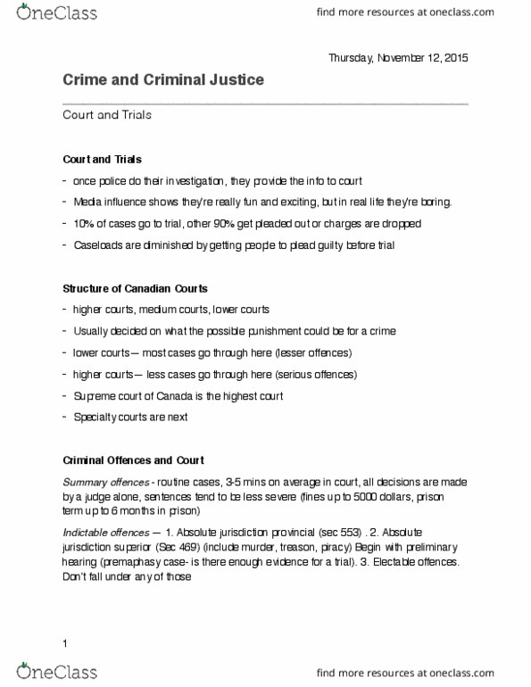 SOC 1500 Lecture Notes - Lecture 6: Indictable Offence, Crown Attorney, Summary Offence thumbnail