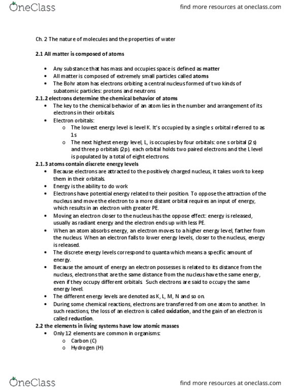 BIOL 1010 Chapter Notes - Chapter 2: Bohr Model, Covalent Bond, Hydrogen Bond thumbnail