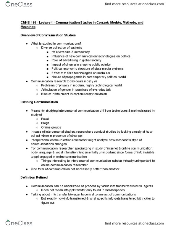 CMNS 110 Lecture Notes - Lecture 1: Carl Stumpf, Interpersonal Communication, Robert Cialdini thumbnail