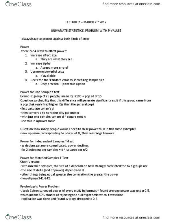 PSYC 3031 Lecture Notes - Lecture 7: Noncentrality Parameter, Null Hypothesis, Type I And Type Ii Errors thumbnail