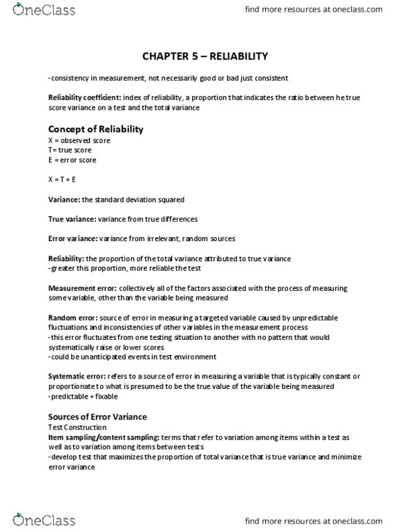 PSYC 3090 Chapter Notes - Chapter 5: Variance, Observational Error, Internal Consistency thumbnail