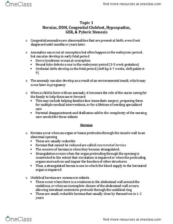 NURS 3012 Lecture Notes - Lecture 1: Pyloric Stenosis, Club Foot, Gastroschisis thumbnail